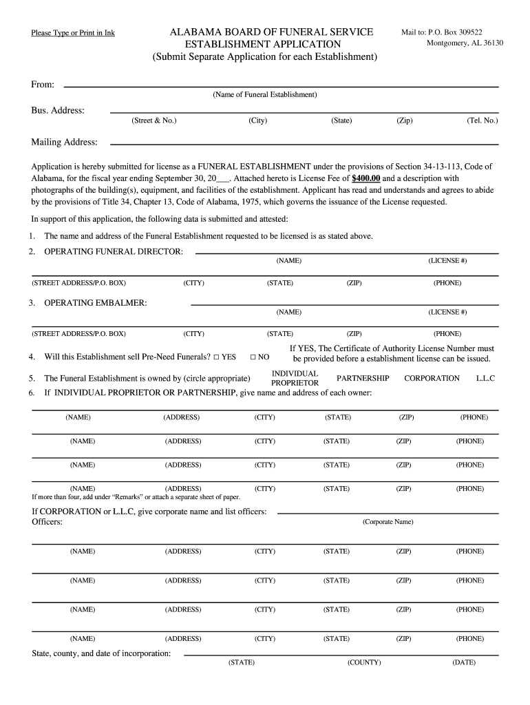 Establishment Application - Alabama Board of Funeral Service - fsb alabama Preview on Page 1