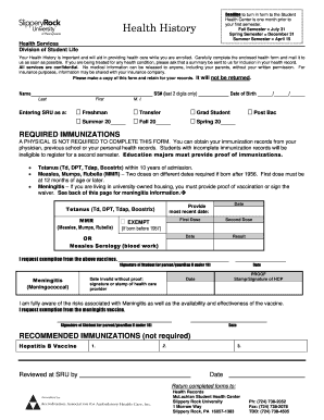 Health History Form - Slippery Rock University - sru