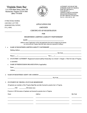 virginia state bar application for amended certificate of registration for registered limited liability partnership form