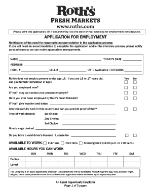 Roth's Fresh Markets Employment Application