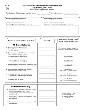 NC K-1 2010 Beneficiary’s Share of North Carolina Income