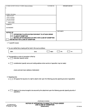 California Notice of Opposition to Right to Attach Order