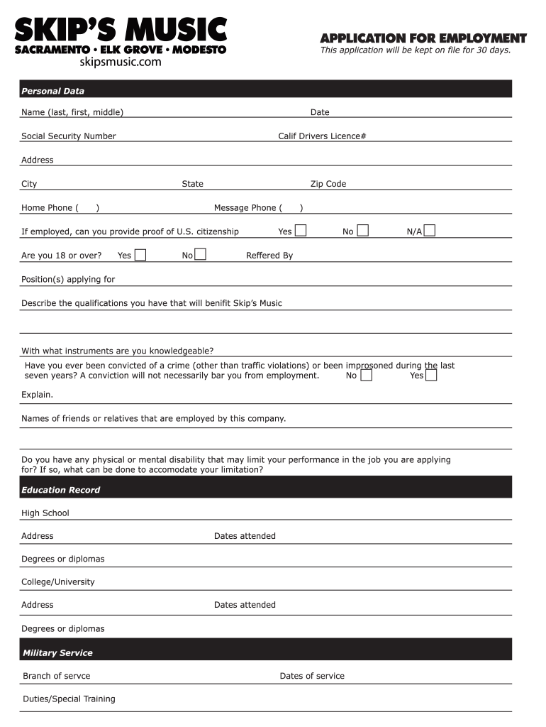 music application employment Preview on Page 1