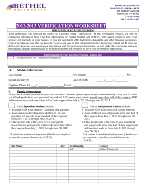 2012-2013 Verification Worksheet