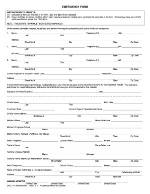 Emergency Form for Child Care