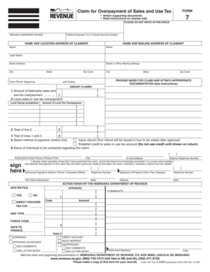 Nebraska Sales and Use Tax Overpayment Claim Form