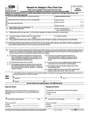 IRS Form 5308 Request for Change in Plan/Trust Year