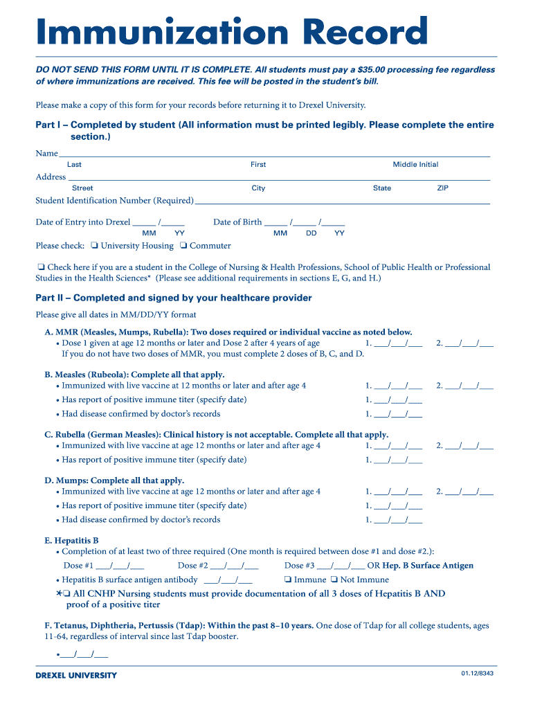 drexel immunization form Preview on Page 1