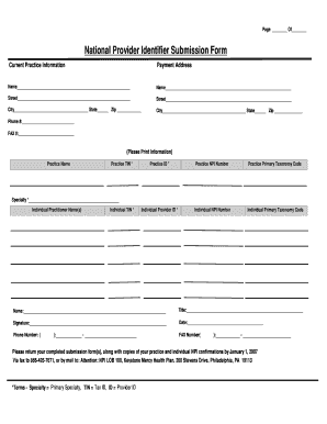 National Provider Identifier Submission Form