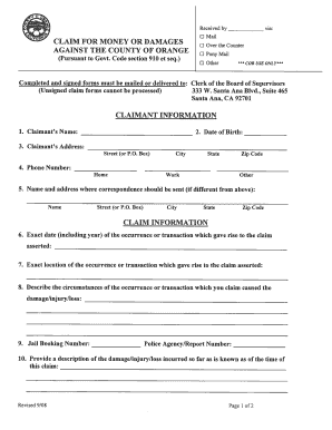 California Claim for Money or Damages