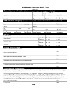 4-H Member/Volunteer Health Form