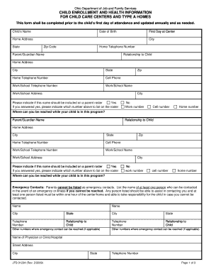 Ohio Child Enrollment and Health Information Form