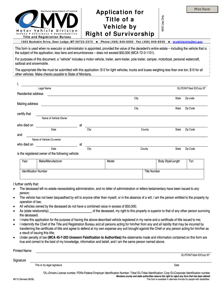 right of survivoship montana mv12 2008 form Preview on Page 1