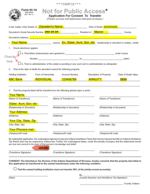Indiana Inheritance Tax Consent to Transfer Form IH-14