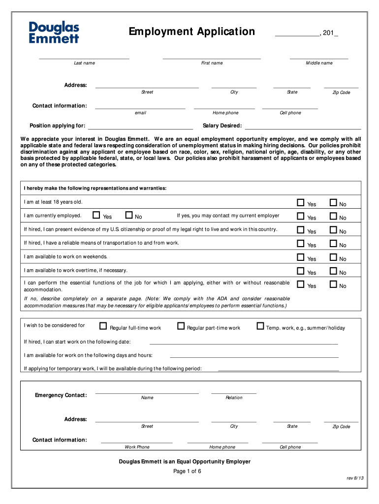 Employment Application - Douglas Emmett Preview on Page 1