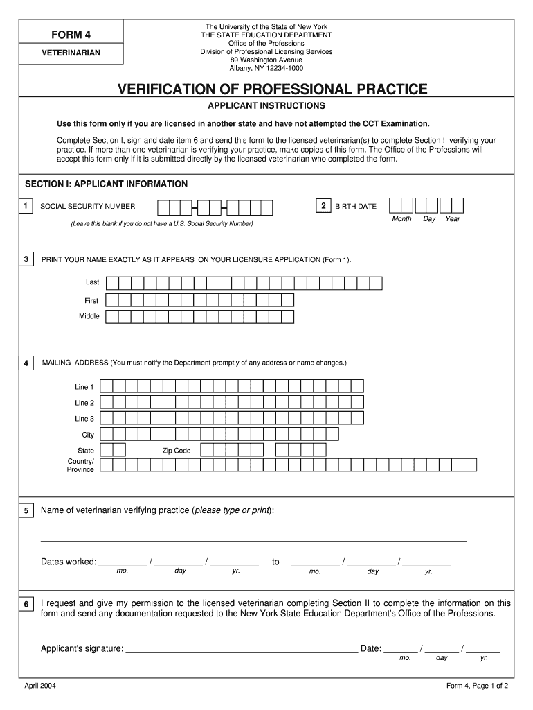 Fillable Online op nysed Veterinary Medicine Form 4 Verification of