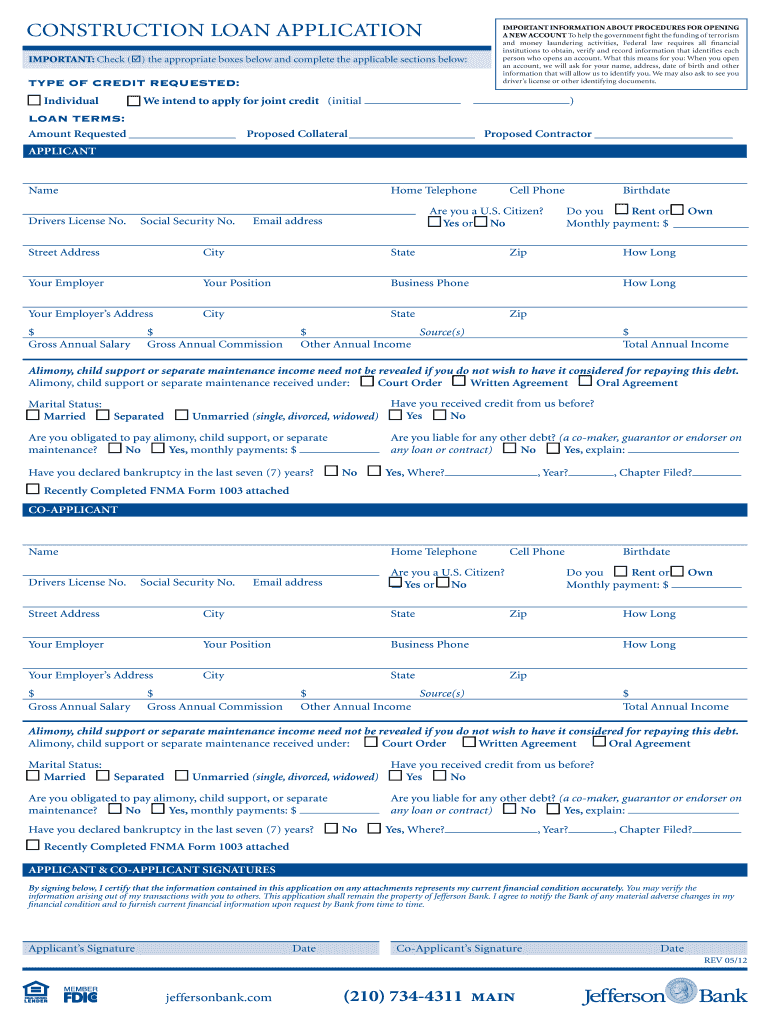 ConstruCtion Loan appLiCation - Jefferson Bank Preview on Page 1