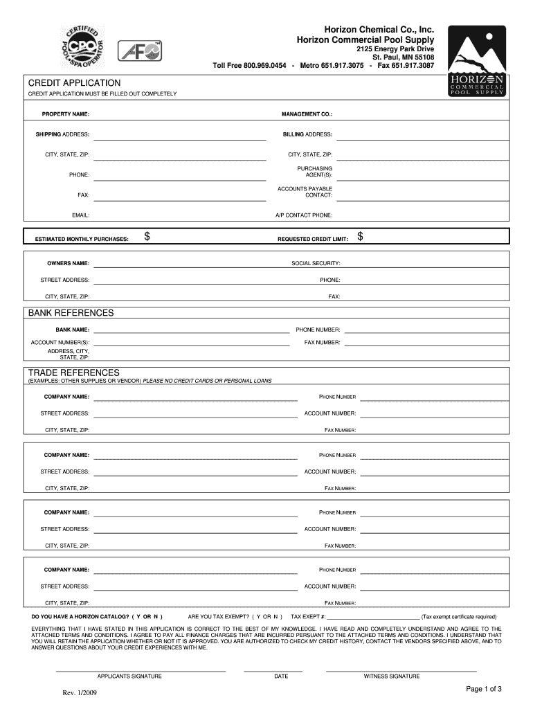 Of 3 CREDIT APPLICATION - Horizon Commercial Pool Supply, Inc Preview on Page 1