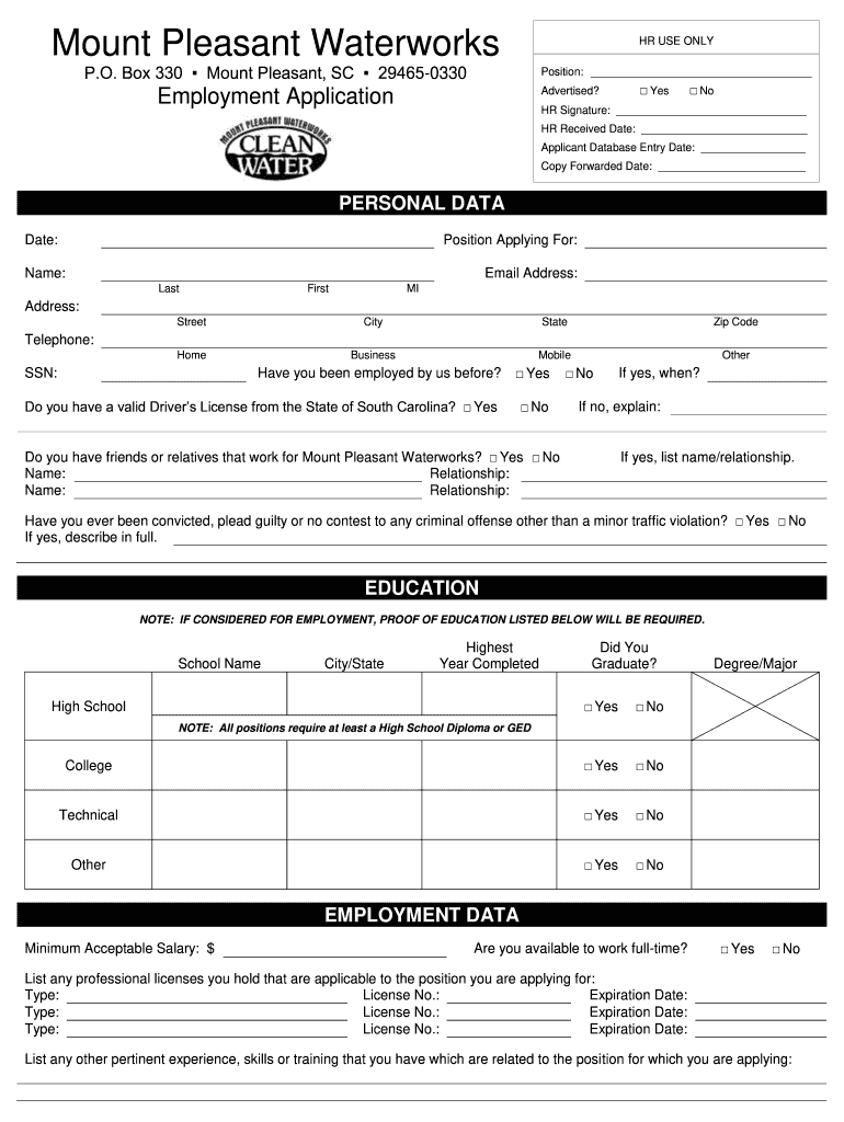 mount waterworks employment application Preview on Page 1