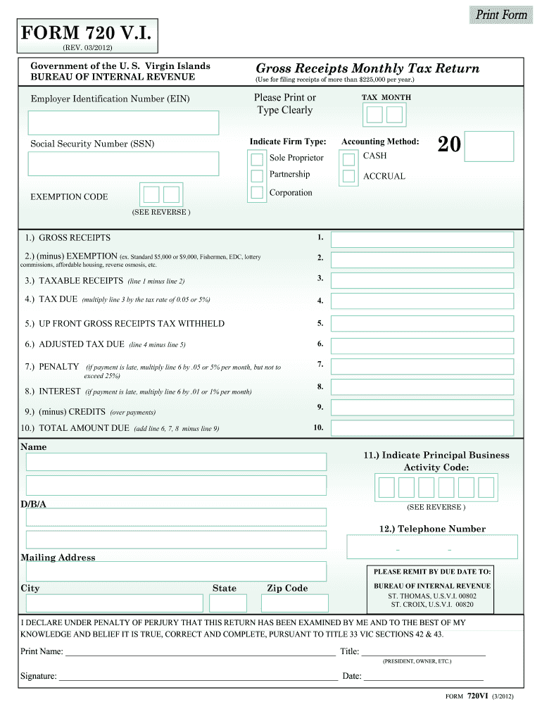 720VI Gross Receipts Monthly Form (5%) - Virgin Islands Internal Preview on Page 1