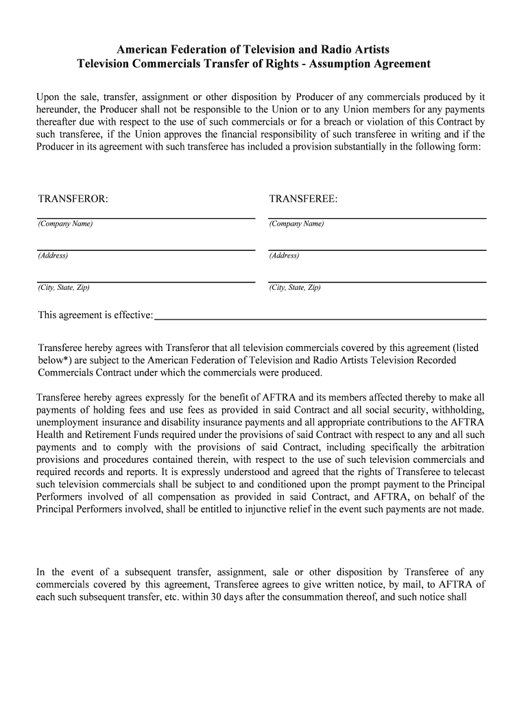 American Federation of Television and Radio Artists Television Commercials Transfer of Rights - Assu Preview on Page 1