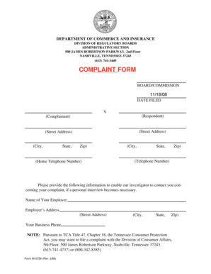 Tennessee Consumer Complaint Form
