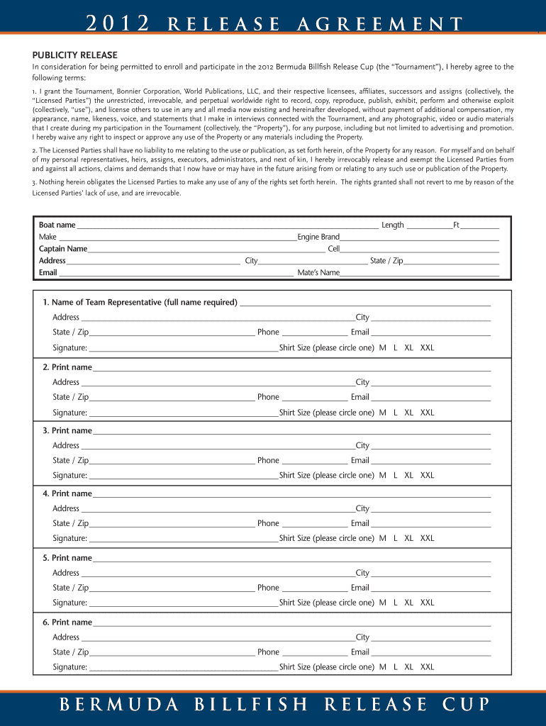 2012 RELEASE AGREEMENt bERMUdA biLLFiSh RELEASE cUP Preview on Page 1