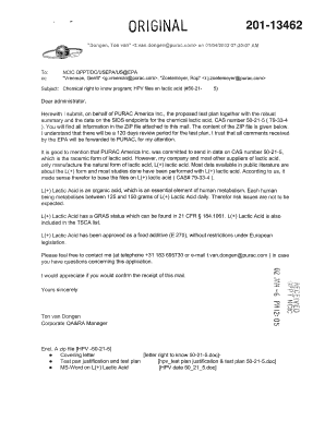 Robust Summaries & Test Plan: Lactic Acid; Cover Letter - epa