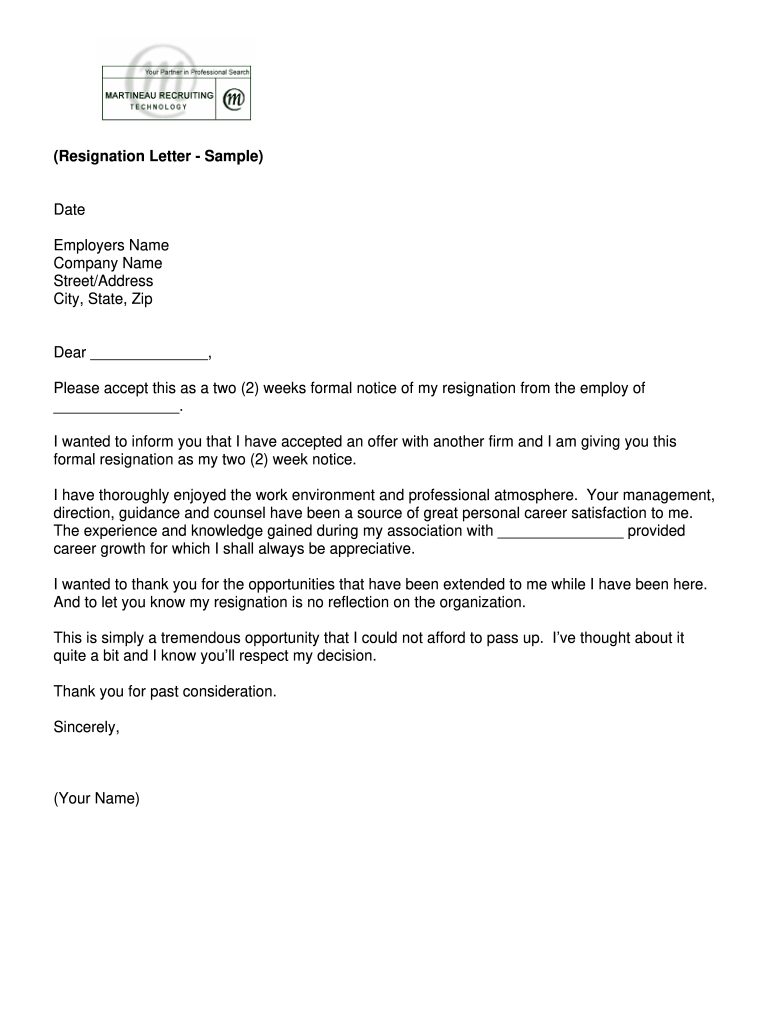 Resignation Letter Sample 2 Weeks Notice from www.pdffiller.com