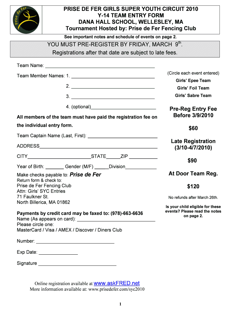 Girls' Team Entry Form - Prise de Fer Fencing Club Preview on Page 1