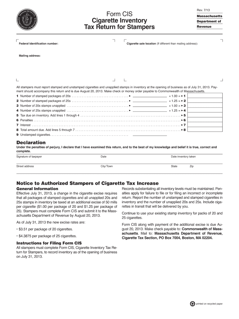 Form CIS Cigarette Inventory Tax Return for Stampers - Mass Gov - mass Preview on Page 1