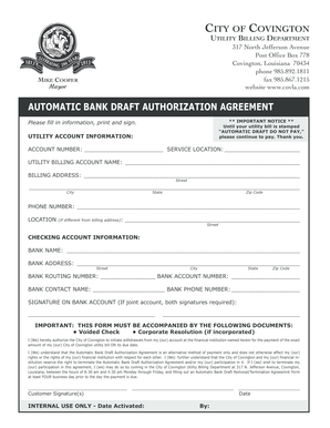 City of Covington Utility Bill Automatic Bank Draft Authorization Agreement