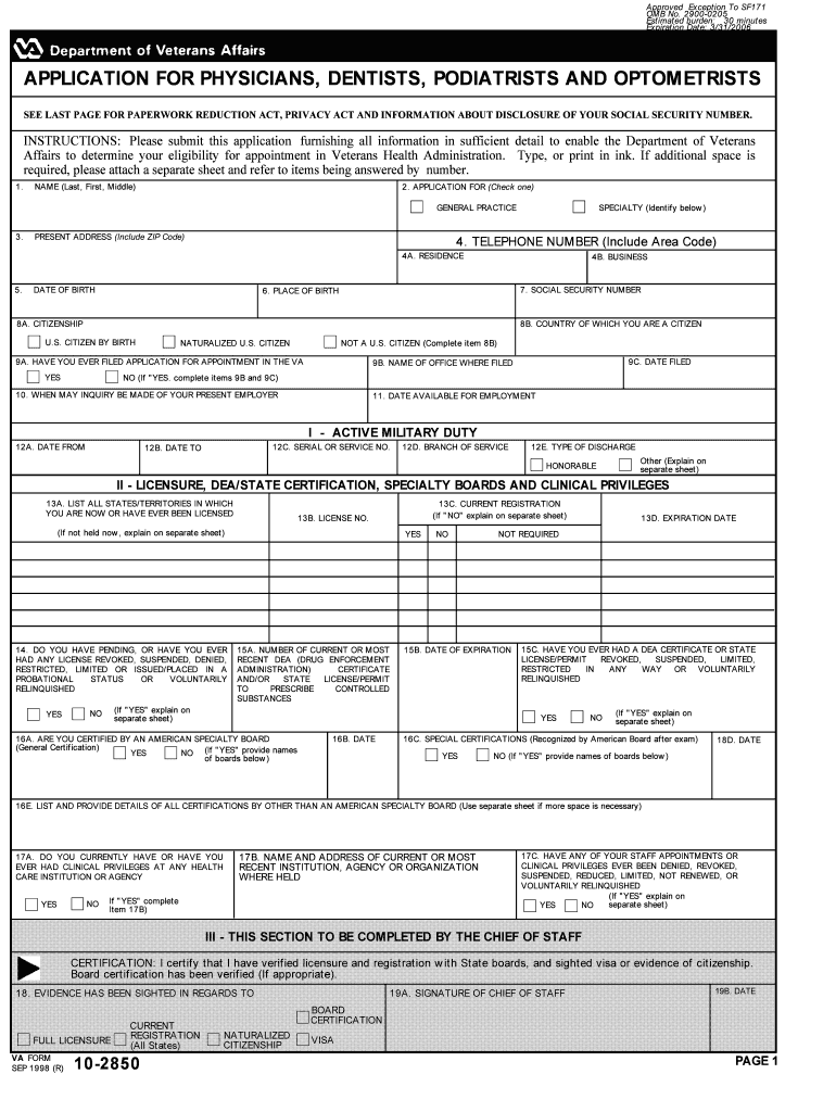 Application for Physicians, Dentists, Podiatrists and Optometrists (Form - southtexas va Preview on Page 1