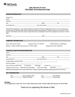 Girl Scouts of Utah ACH Debit Authorization Form