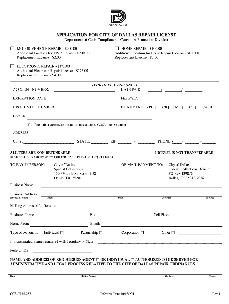 city of dallas auto repair license 2011 form Preview on Page 1