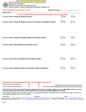 Utah Limited Liability Company Registration Information Change Form