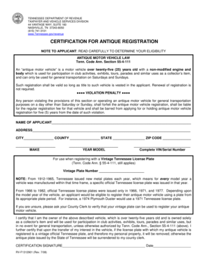 Tennessee Antique Motor Vehicle Registration