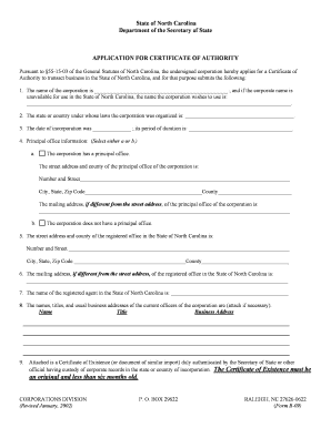 North Carolina Application for Certificate of Authority