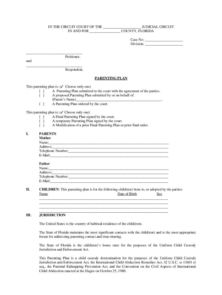 Parenting Plan Template - Fill Online, Printable, Fillable, Blank Throughout free joint custody agreement template