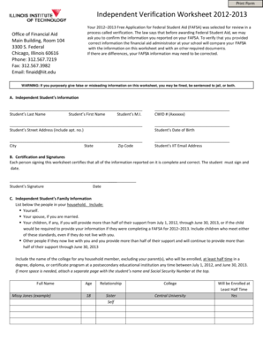 FAFSA Verification Worksheet 2012-2013