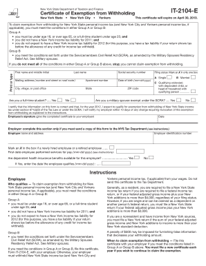 New York State Tax Exemption Certificate IT-2104-E