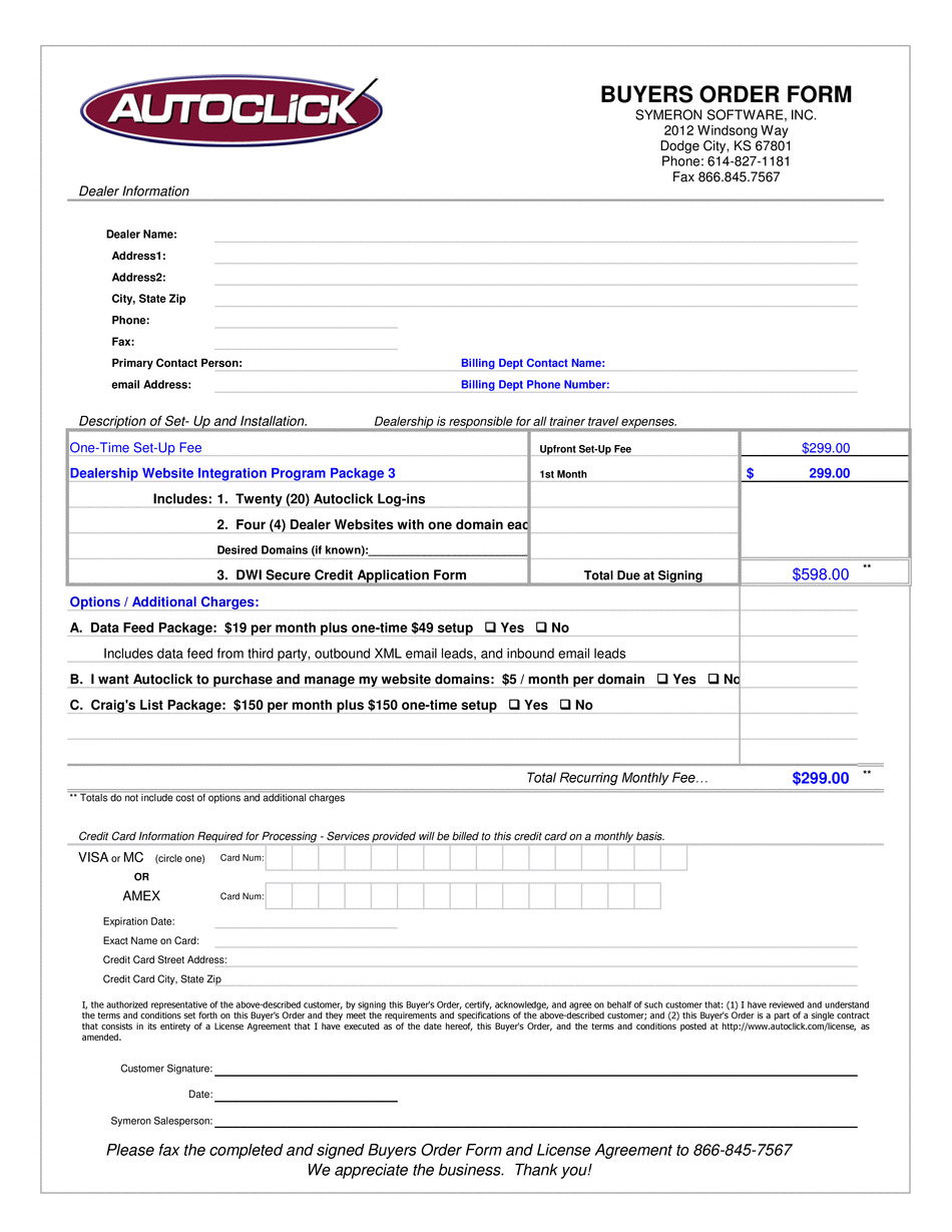 Dealer vehicle purchase order form