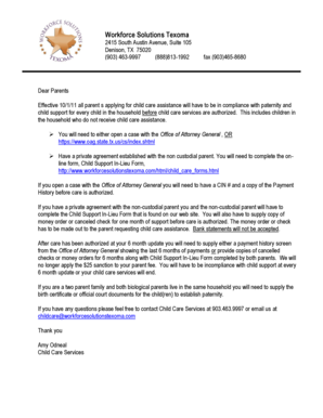 Workforce Solutions Texoma 2415 South Austin Avenue, Suite 105 Denison, TX 75020 (903) 463-9997 (888)813-1992 fax (903)465-8680 Dear Parents Effective 10/1/11 all parent s applying for child care assistance will have to be in compliance