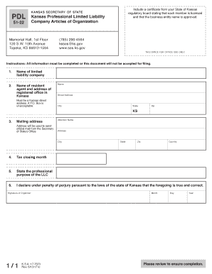 Kansas Professional Limited Liability Articles of Organization