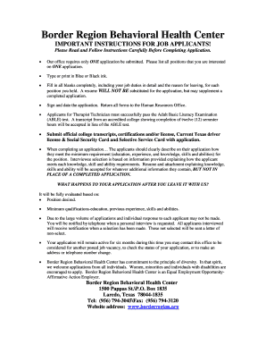 Border Region Behavioral Health Center Job Application