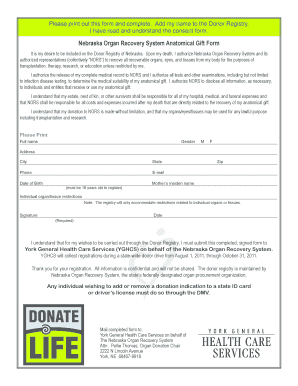 Nebraska Organ Donor Registry Form