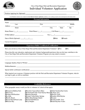 City of San Diego Park and Recreation Volunteer Application