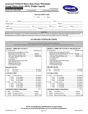 Invacare TDX SI Heavy Duty Power Wheelchair Order Form