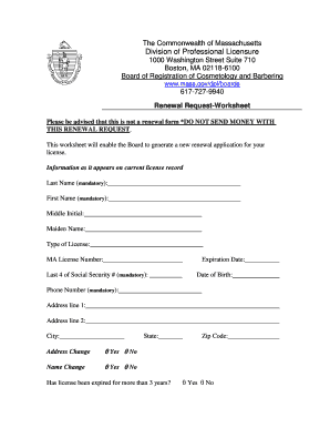 Massachusetts Cosmetology License Renewal Request
