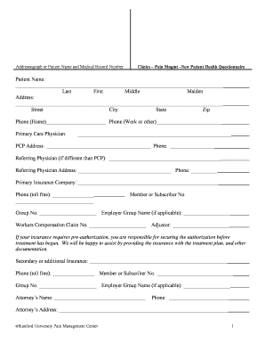 Stanford Pain Management New Patient Health Questionnaire